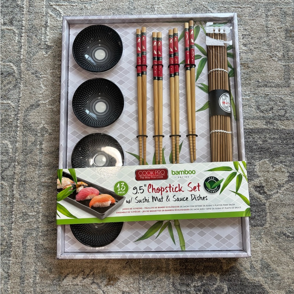 NWT Bamboo Chopstick Set with Sushi Mat and Dishes